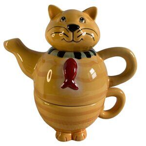 THT Designs Cat Teapot Stacked Tea Cup Yellow Ceramic Cute Cat Fish Tag